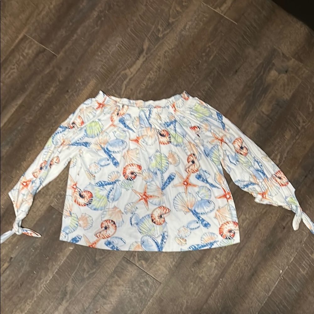 Chaps Denim Sea Shells & Starfish 3/4 Sleeve Top Large Scrunch Neck Nautical